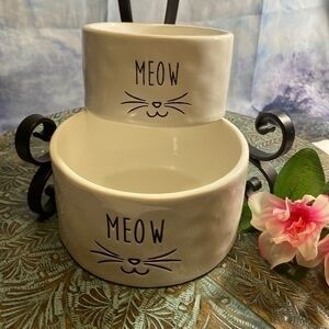 2-Mudpie Ceramic Cat Bowl MEOW Feeding Dish Off White Kitty Face
